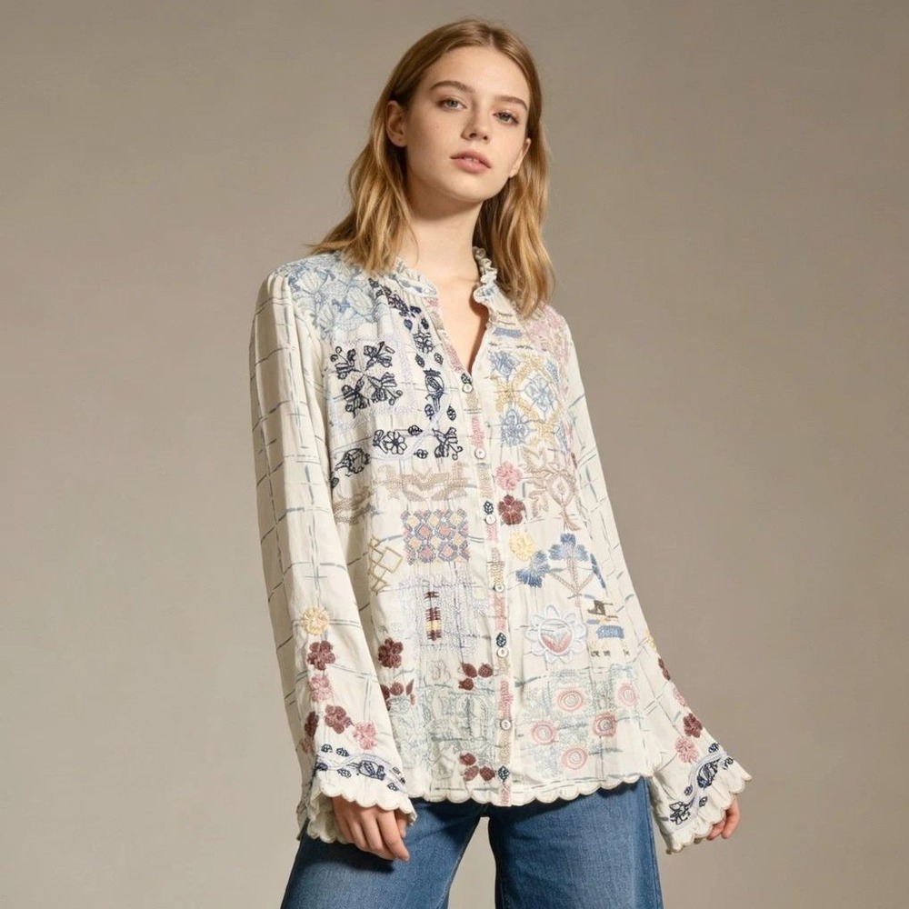 Biya Johnny‎ Was Wembli Silk Embroidered Blouse Off-White Shirt Sz XS